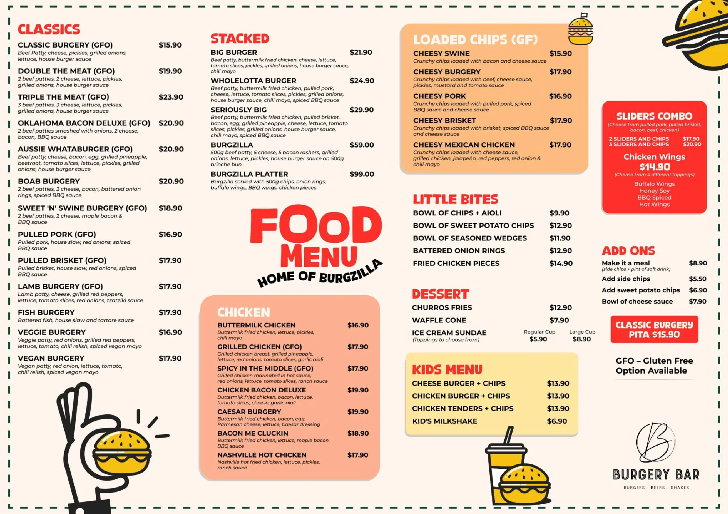 Burgery Bar menu, page 1