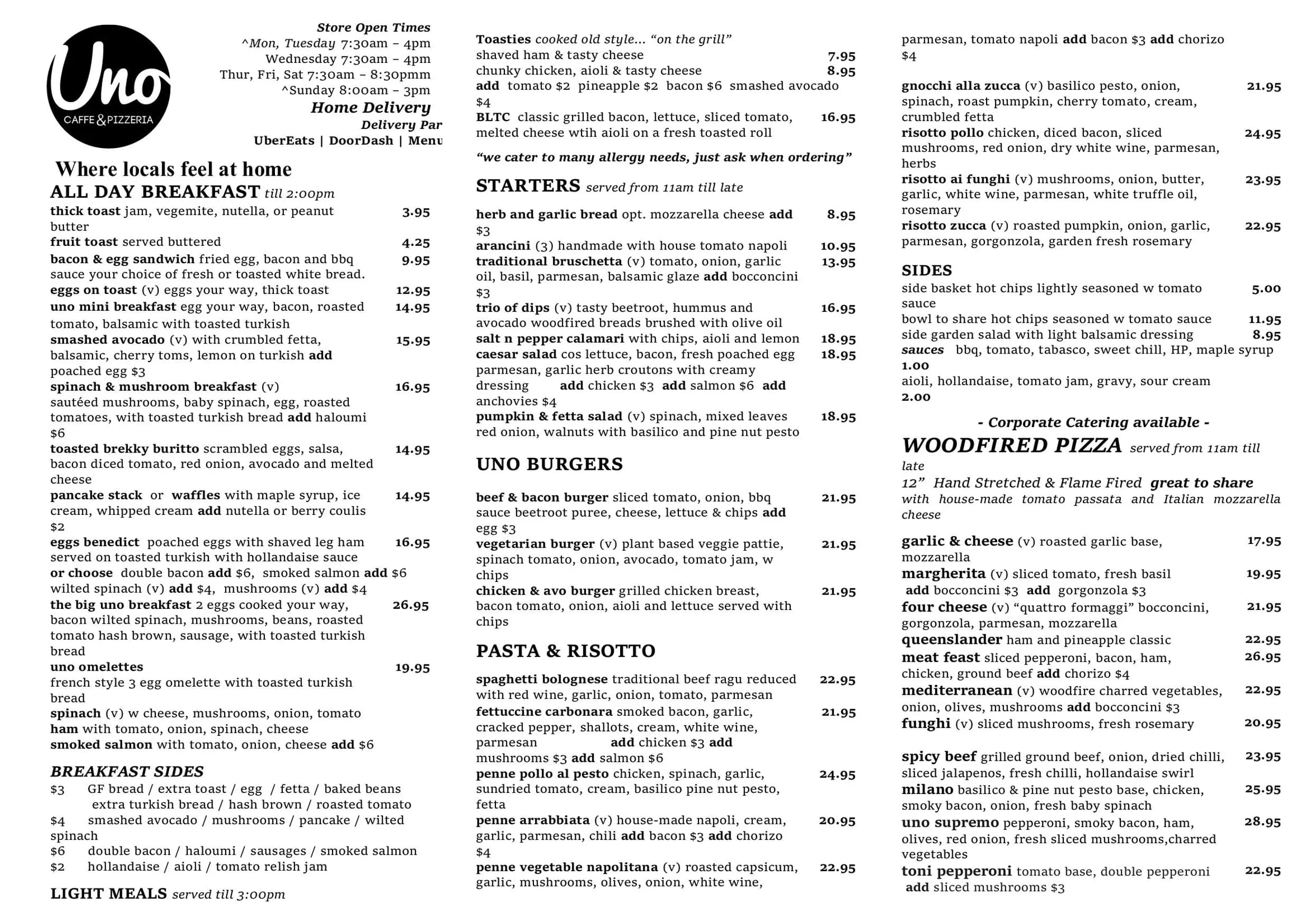 Uno Caffe & Pizzeria menu, page 1