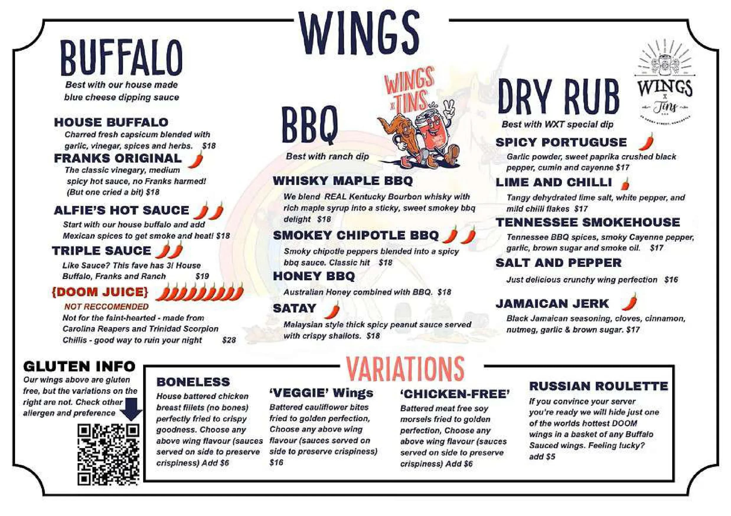 Wings and Tins Dee Why menu, page 1