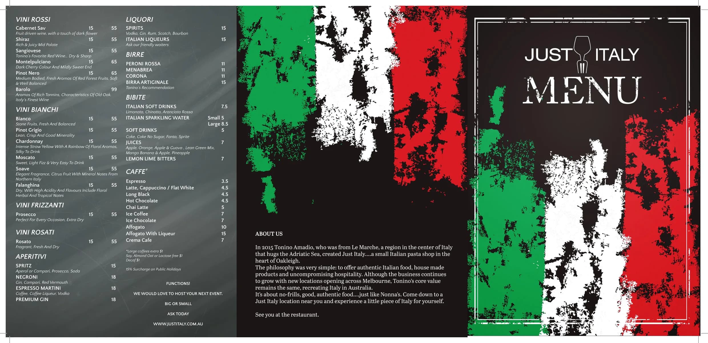 Just Italy menu, page 1