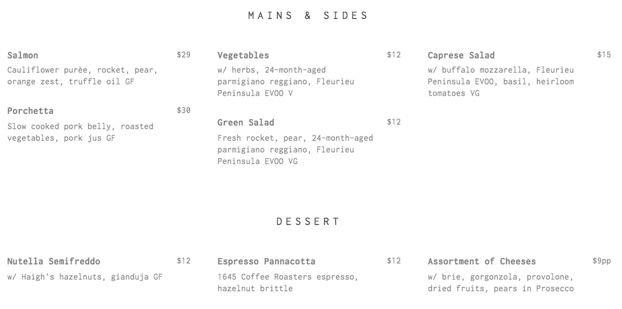 Farina 00 Pasta & Wine menu, page 2