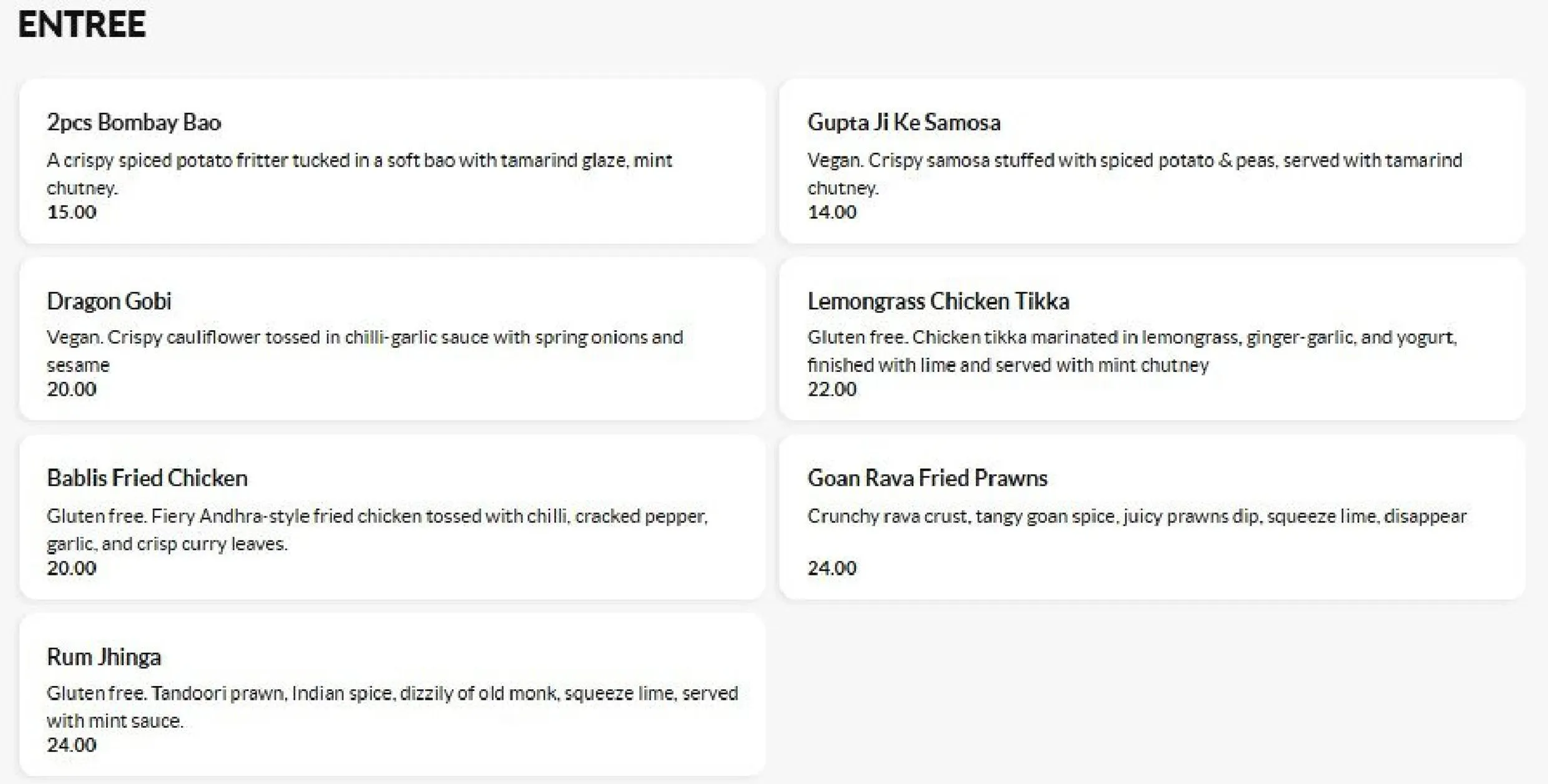 Babli’s Modern Indian menu, page 1