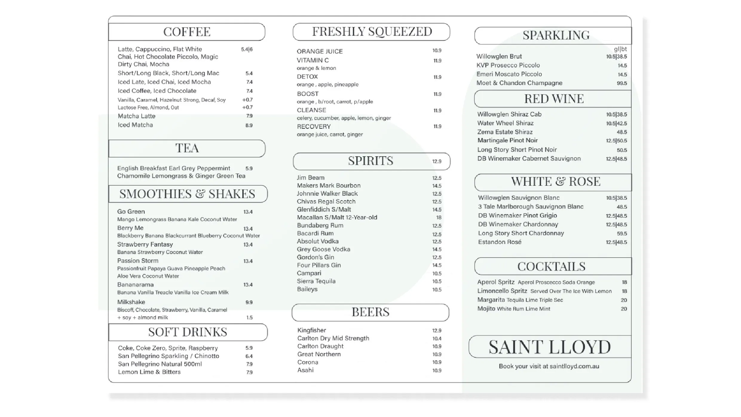 Saint Lloyd menu, page 1