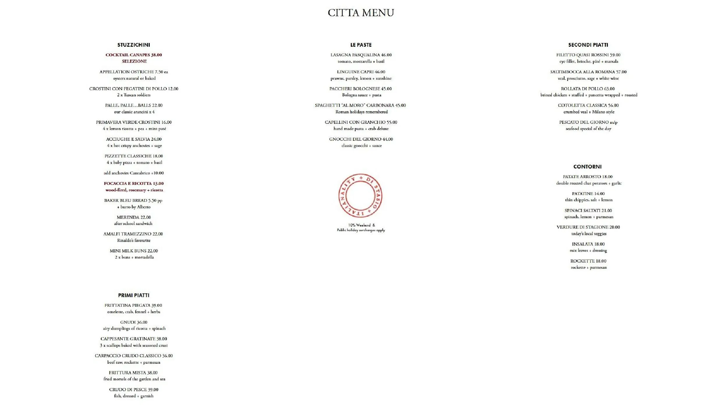 Di Stasio Citta menu, page 1