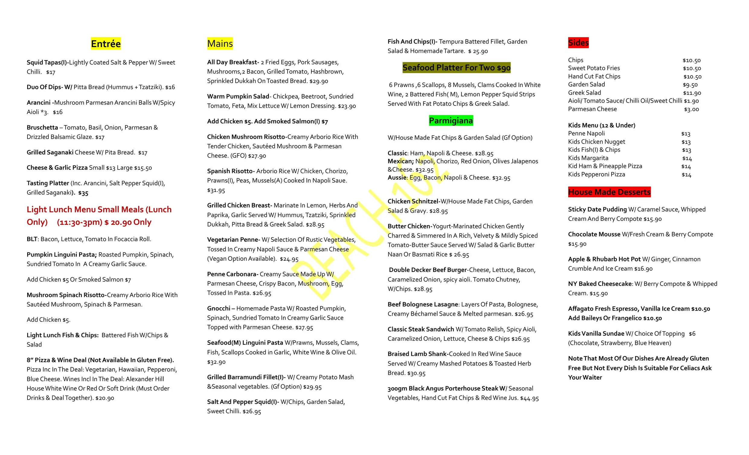 Beach 162 menu, page 1
