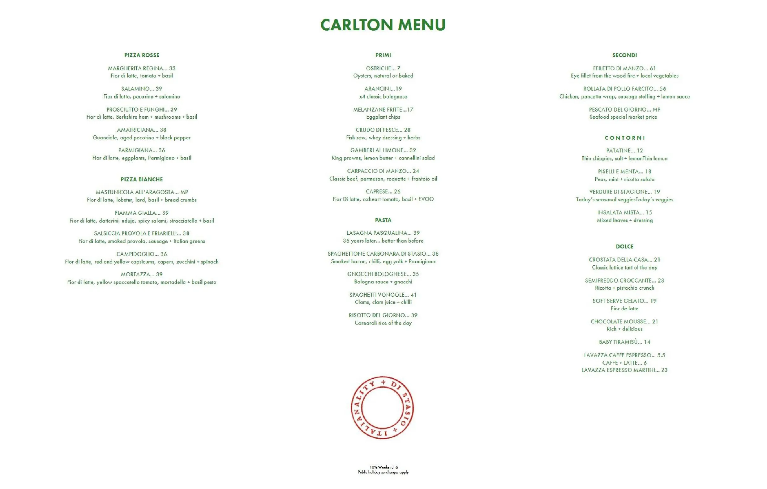 Di Stasio Carlton menu, page 1