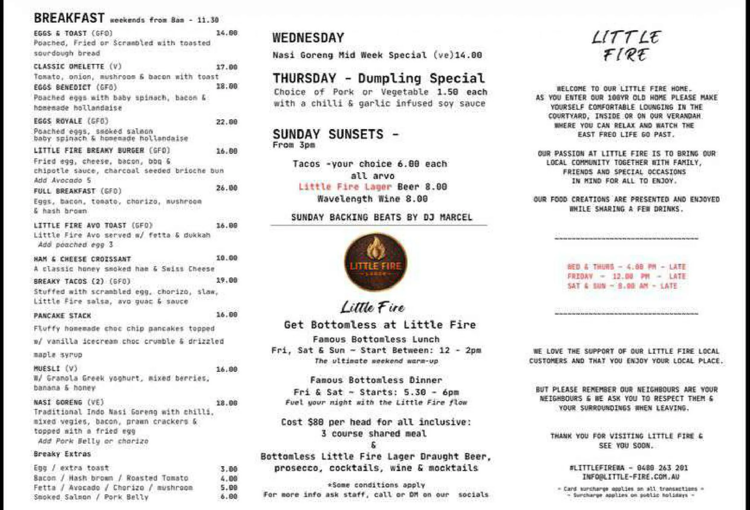 Little Fire menu, page 1