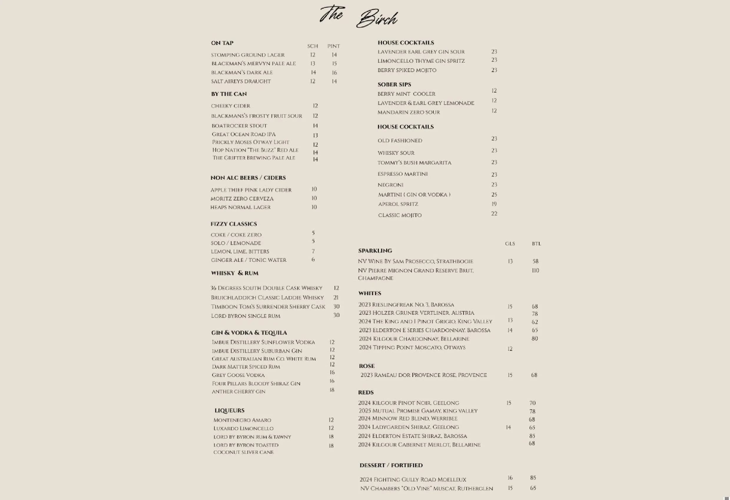 The Birch Bar & Restaurant menu, page 2