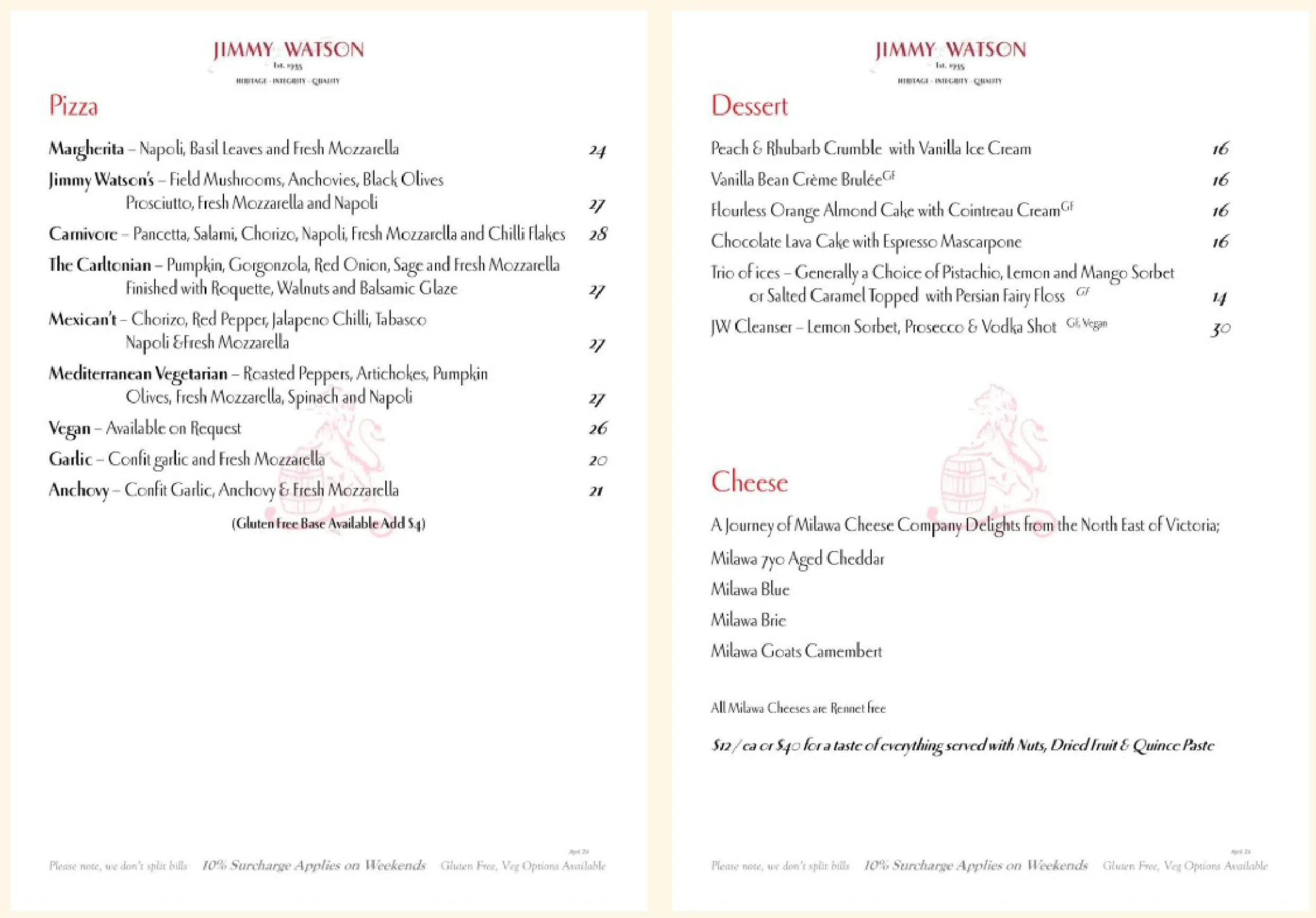 Jimmy Watson's menu, page 2