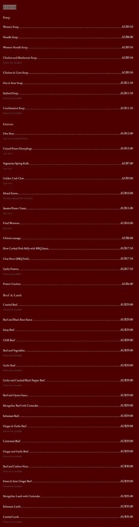 Oriental Restaurant menu, page 1