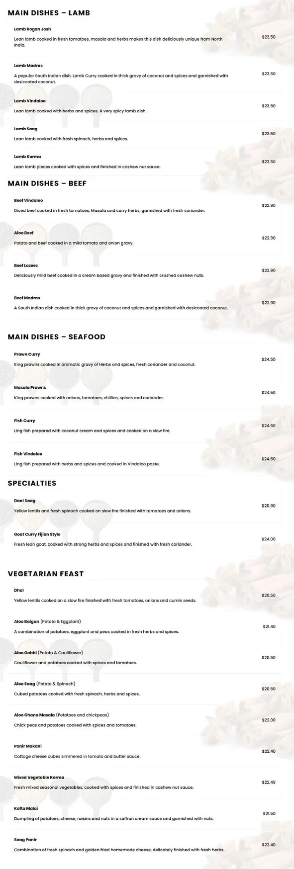 Chalisa Indian Restaurant menu, page 2