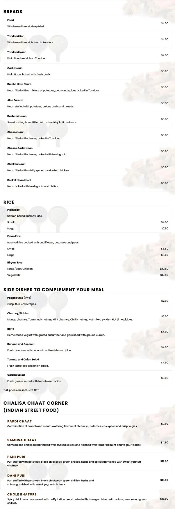 Chalisa Indian Restaurant menu, page 3