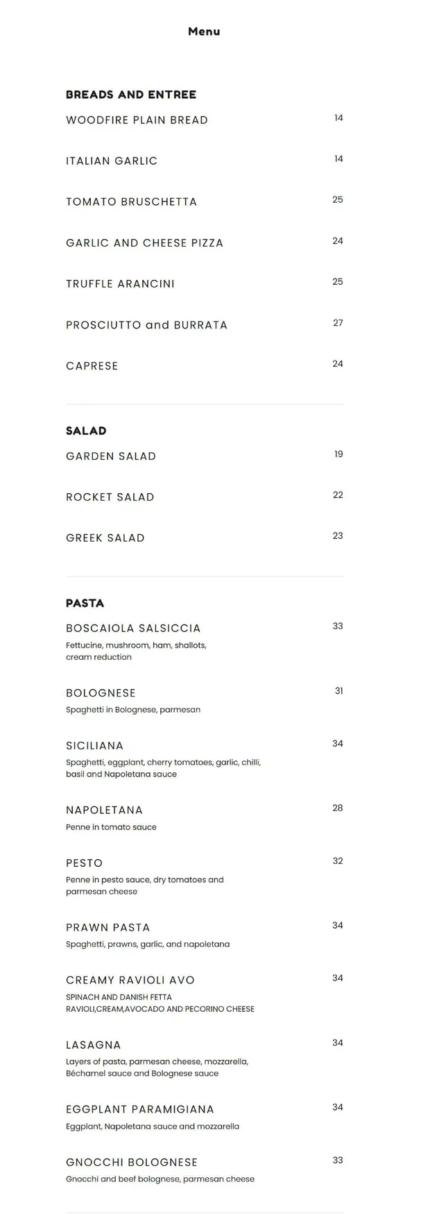 La Collina Italian menu, page 1