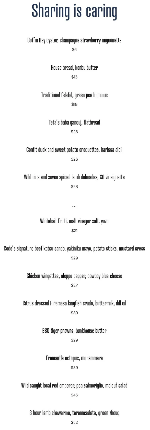 Code Cairns menu, page 1