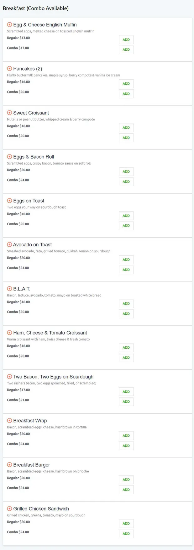 MK Bower Cafe menu, page 1