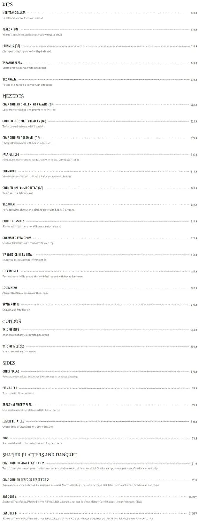 On Fire Broadbeach Greek Taverna menu, page 1
