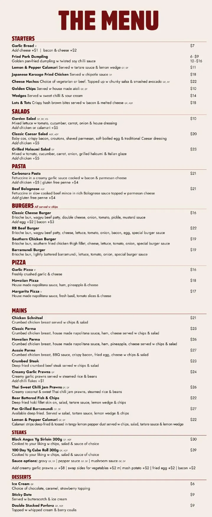 Richmond Republic menu, page 1