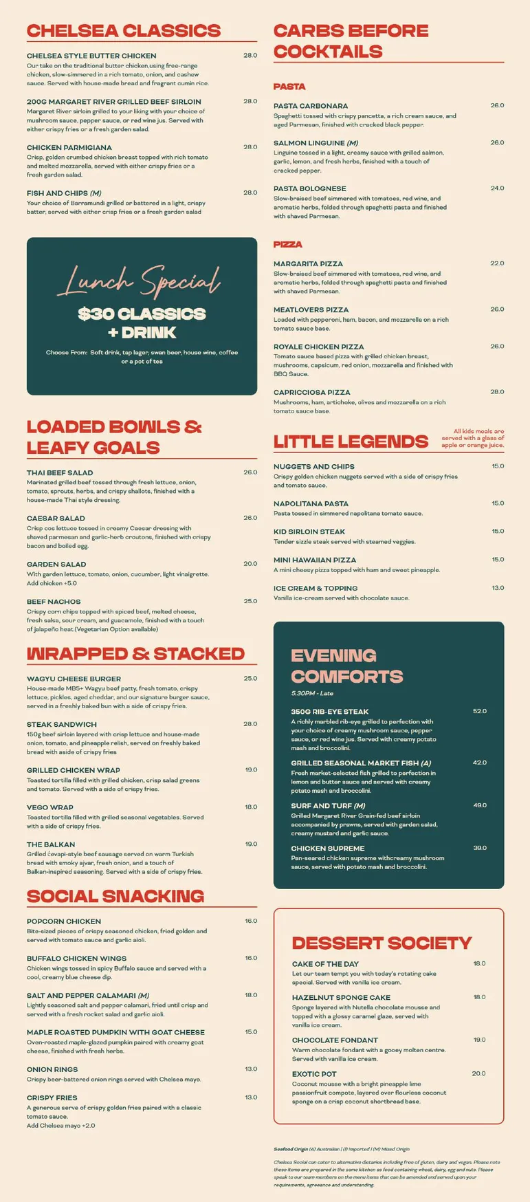 Chelsea Social Bar & Restaurant menu, page 1