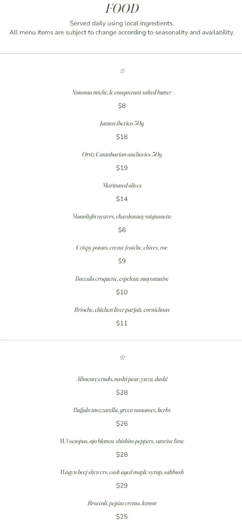 Que Sera Terrigal menu, page 1