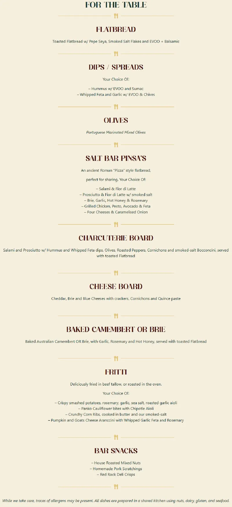 Salt Bar menu, page 1