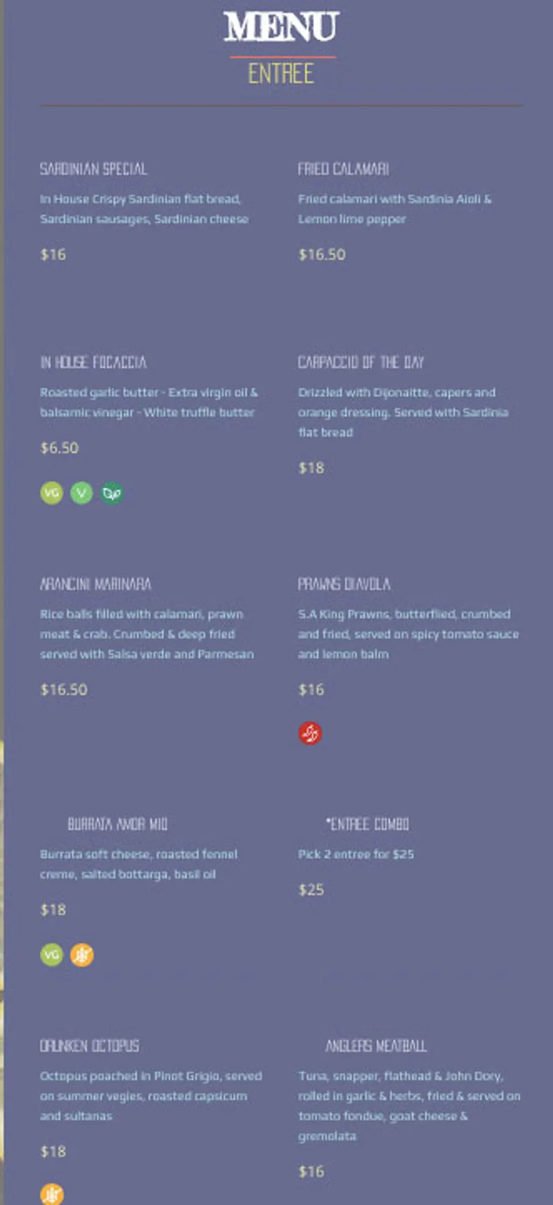Sardinia - Italian Inspired Seafood menu, page 1