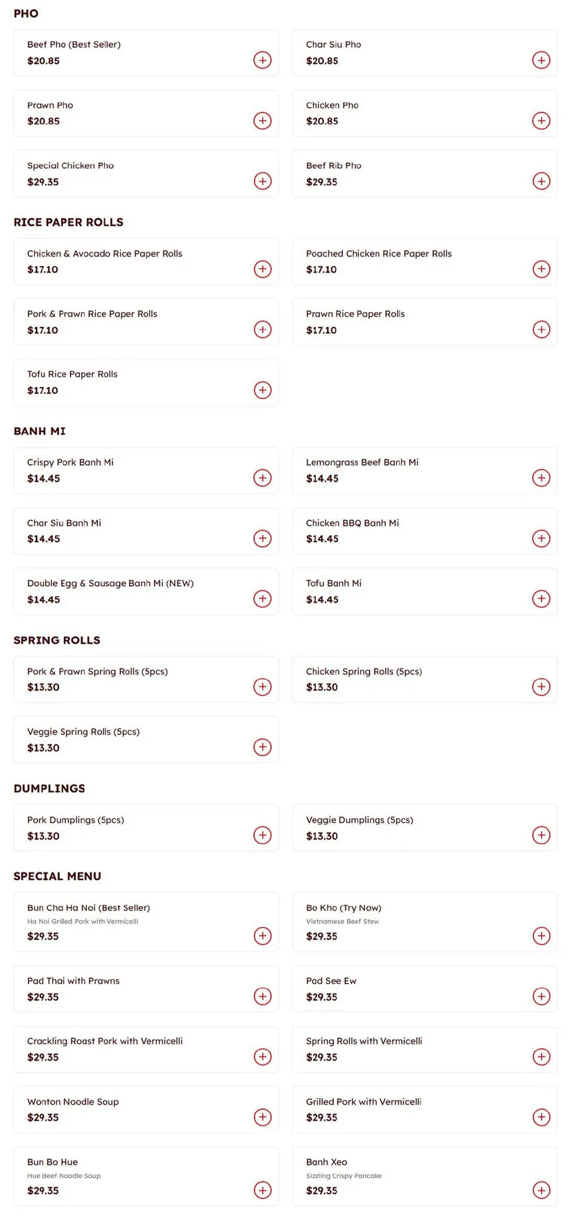 Leon's Pho and Roll menu, page 1