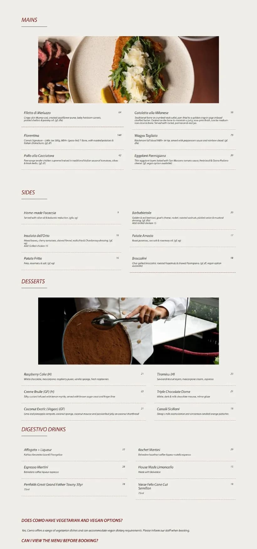 Como Italian menu, page 2