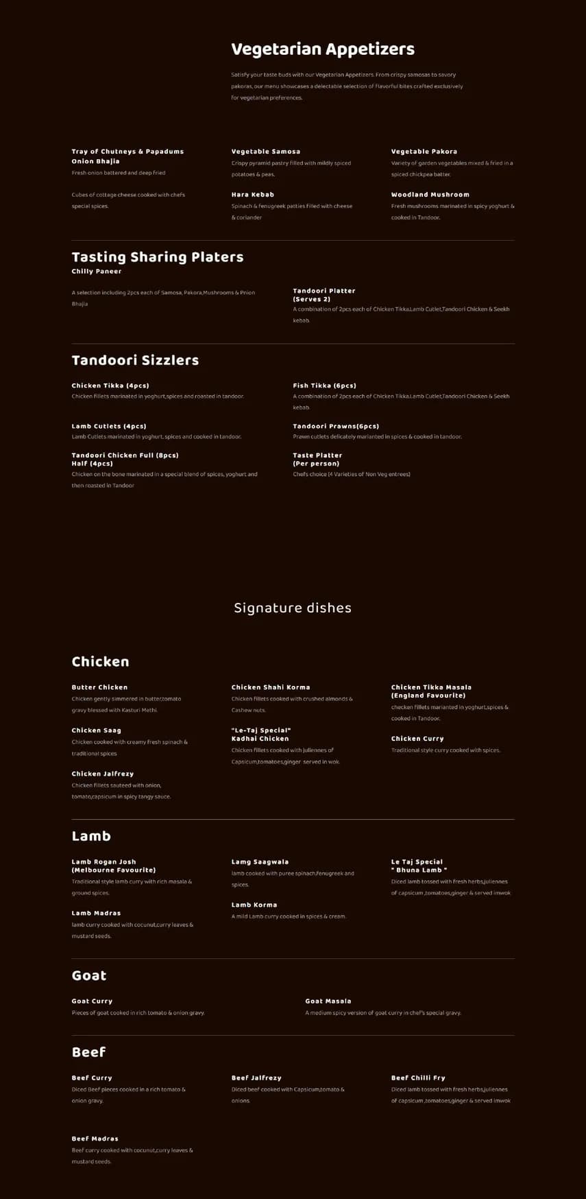 Le Taj menu, page 1