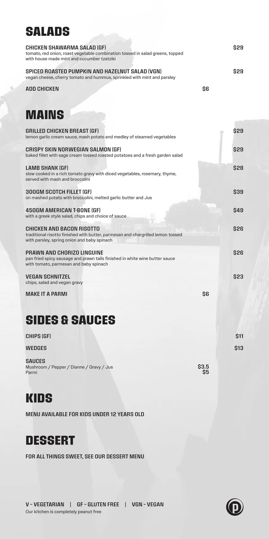 The Port Club menu, page 2