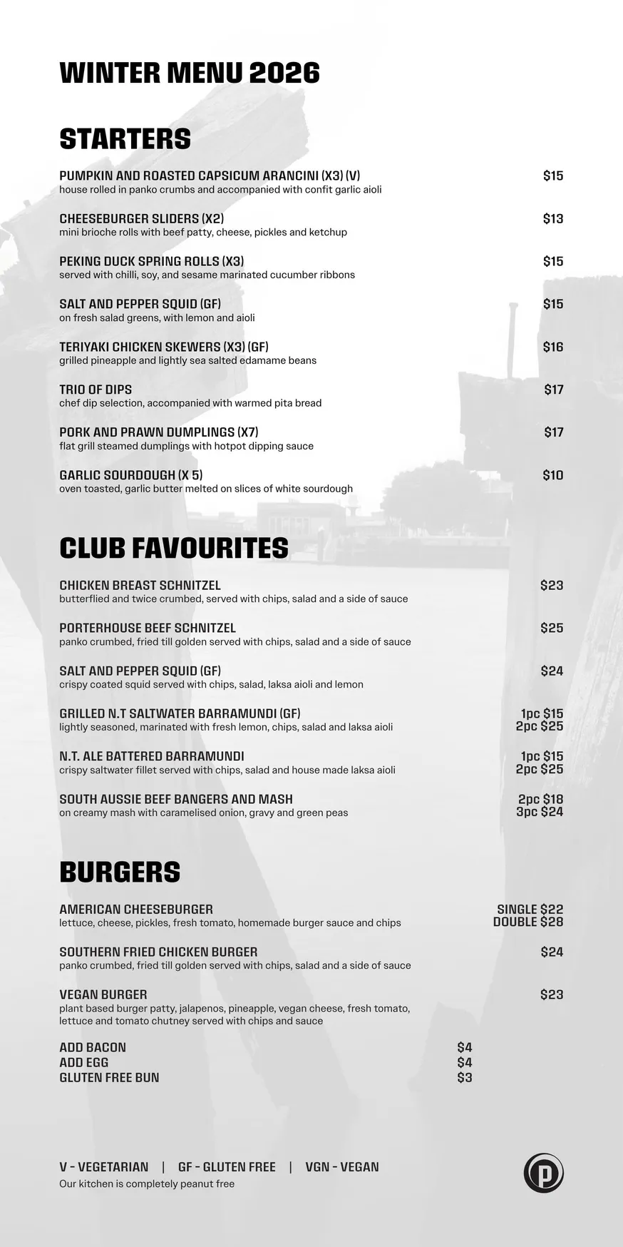 The Port Club menu, page 1
