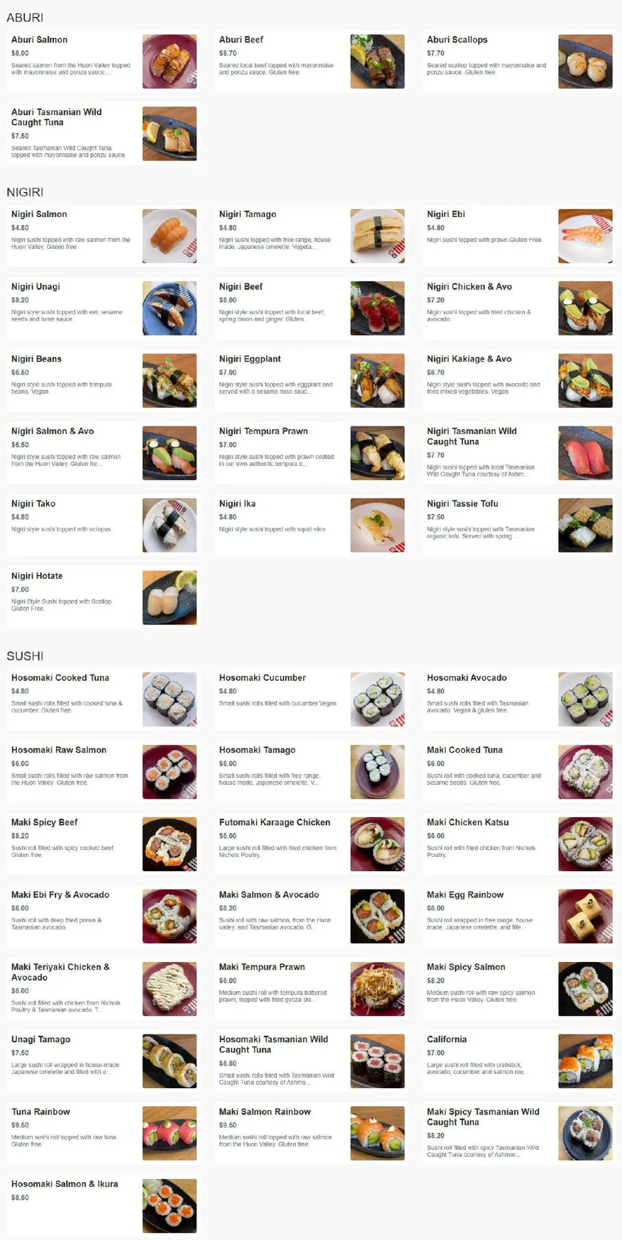 Sush Track menu, page 1