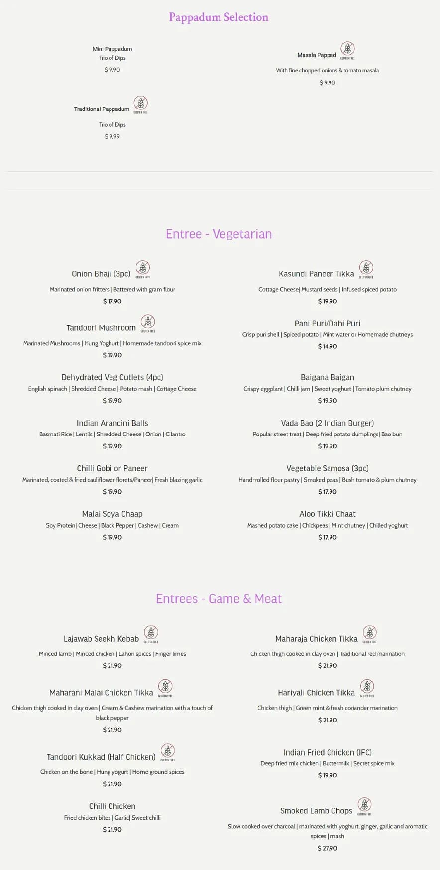 Indian Tadka menu, page 1