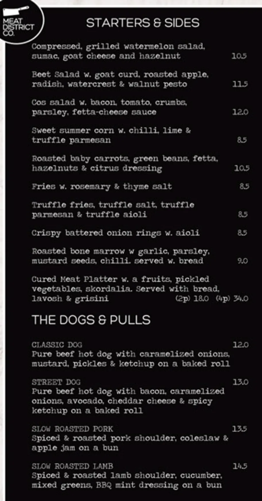 Meat District Co menu, page 1