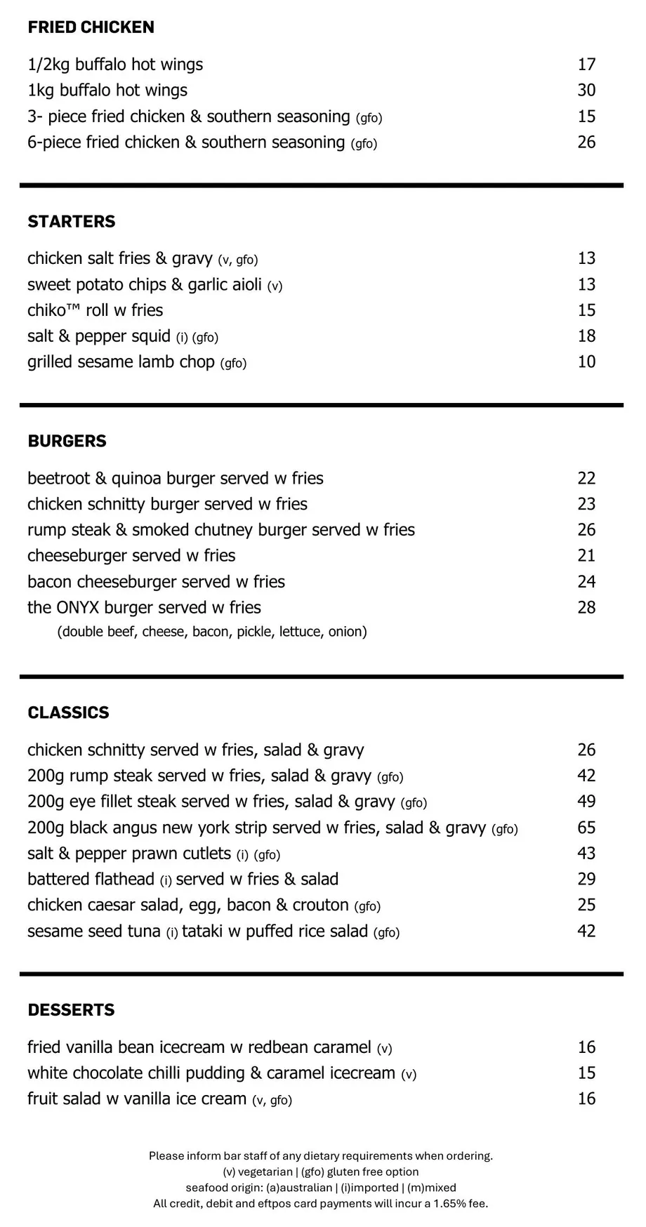 Onyx Sports Lounge @ Canberra Casino menu, page 2