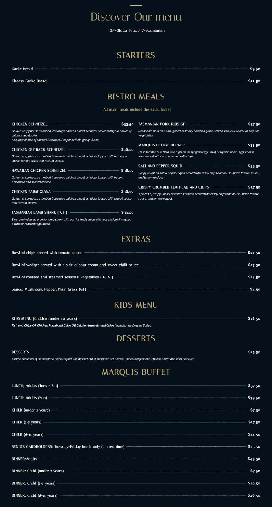 Marquis Bistro & Buffet menu, page 1