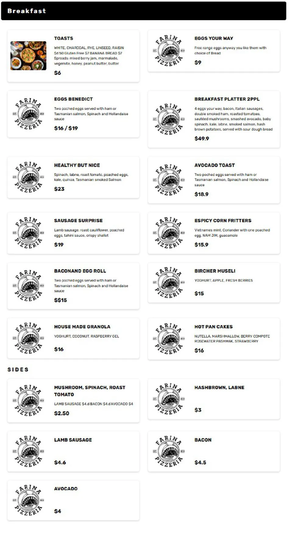 Farina Pizzeria menu, page 1
