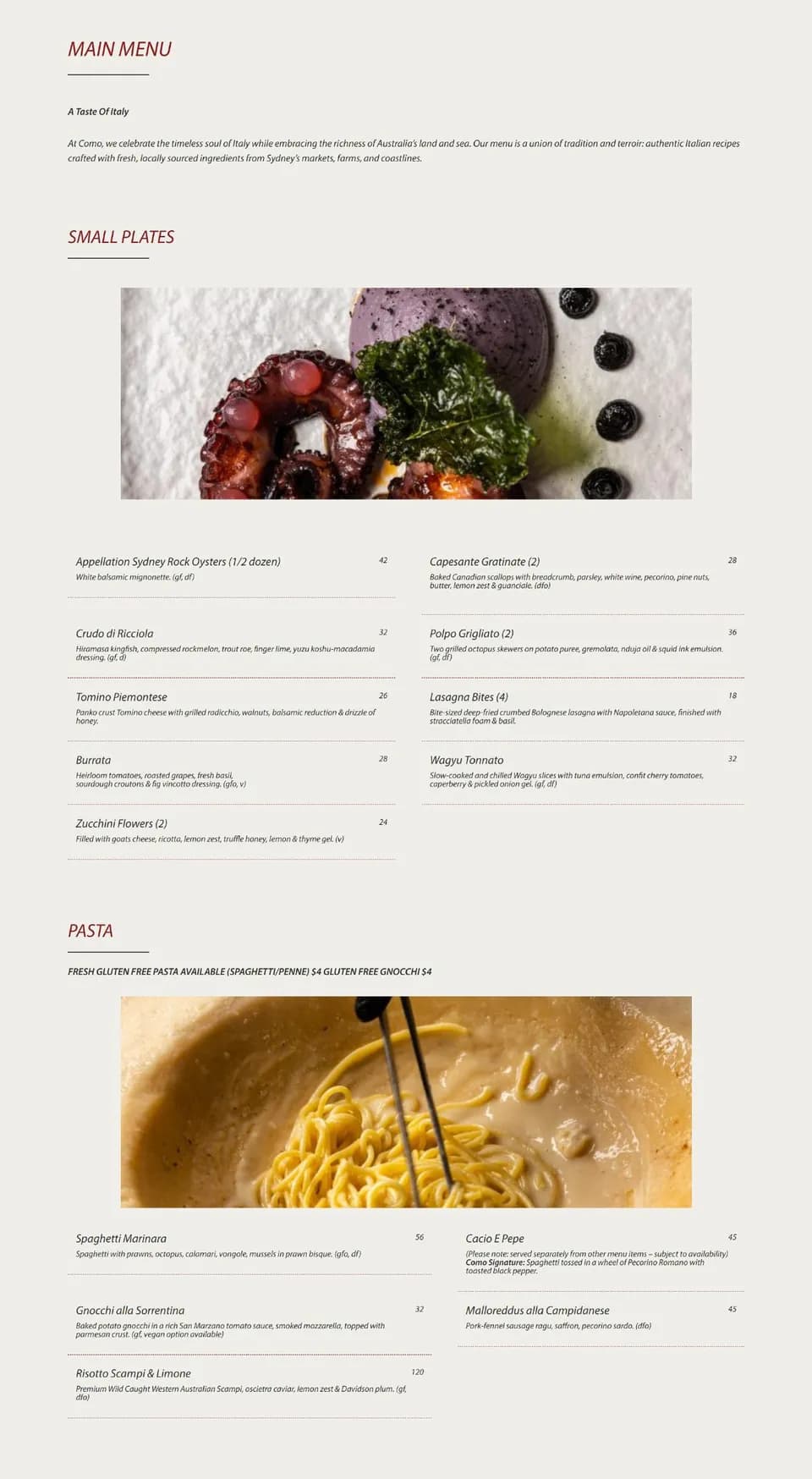 Como Italian menu, page 1