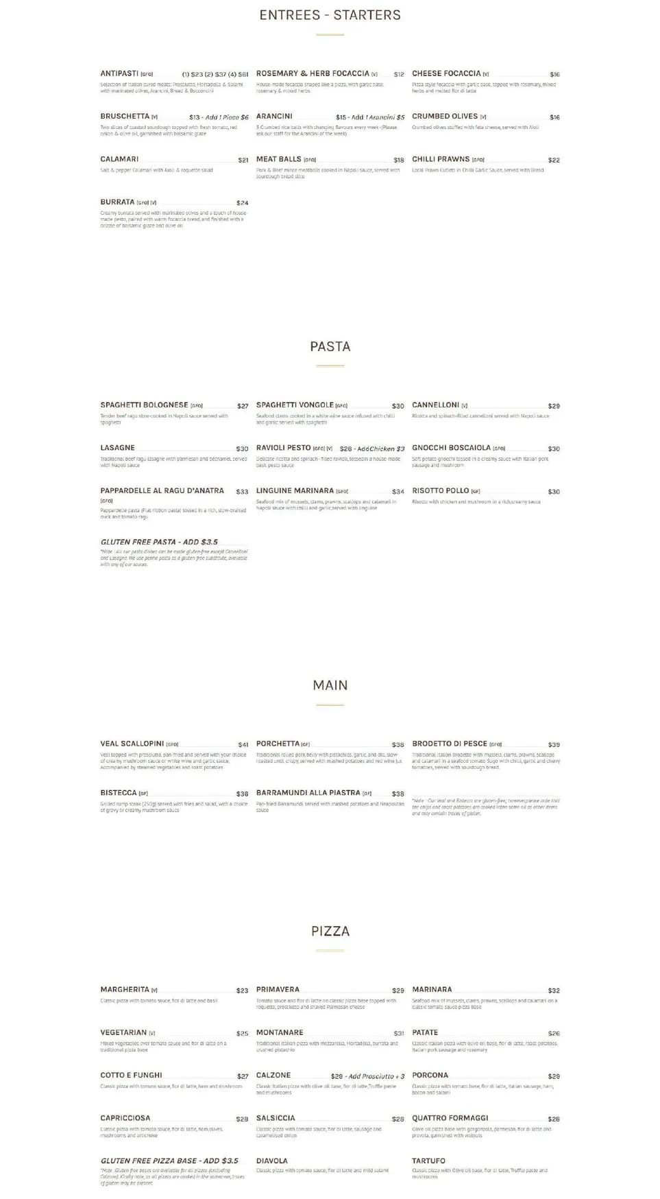 La Regina Chermside menu, page 1