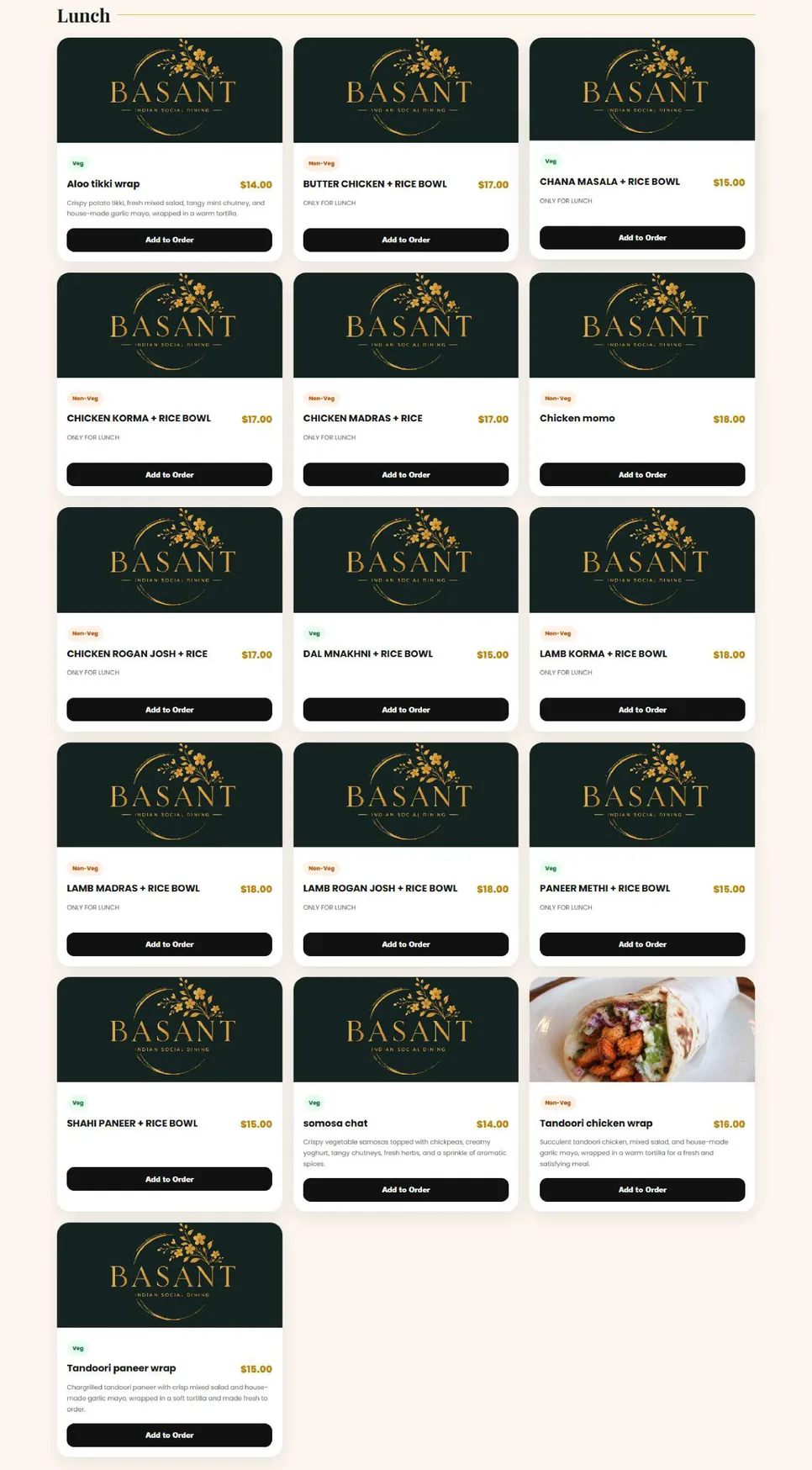 Basant Indian Social Dining menu, page 1