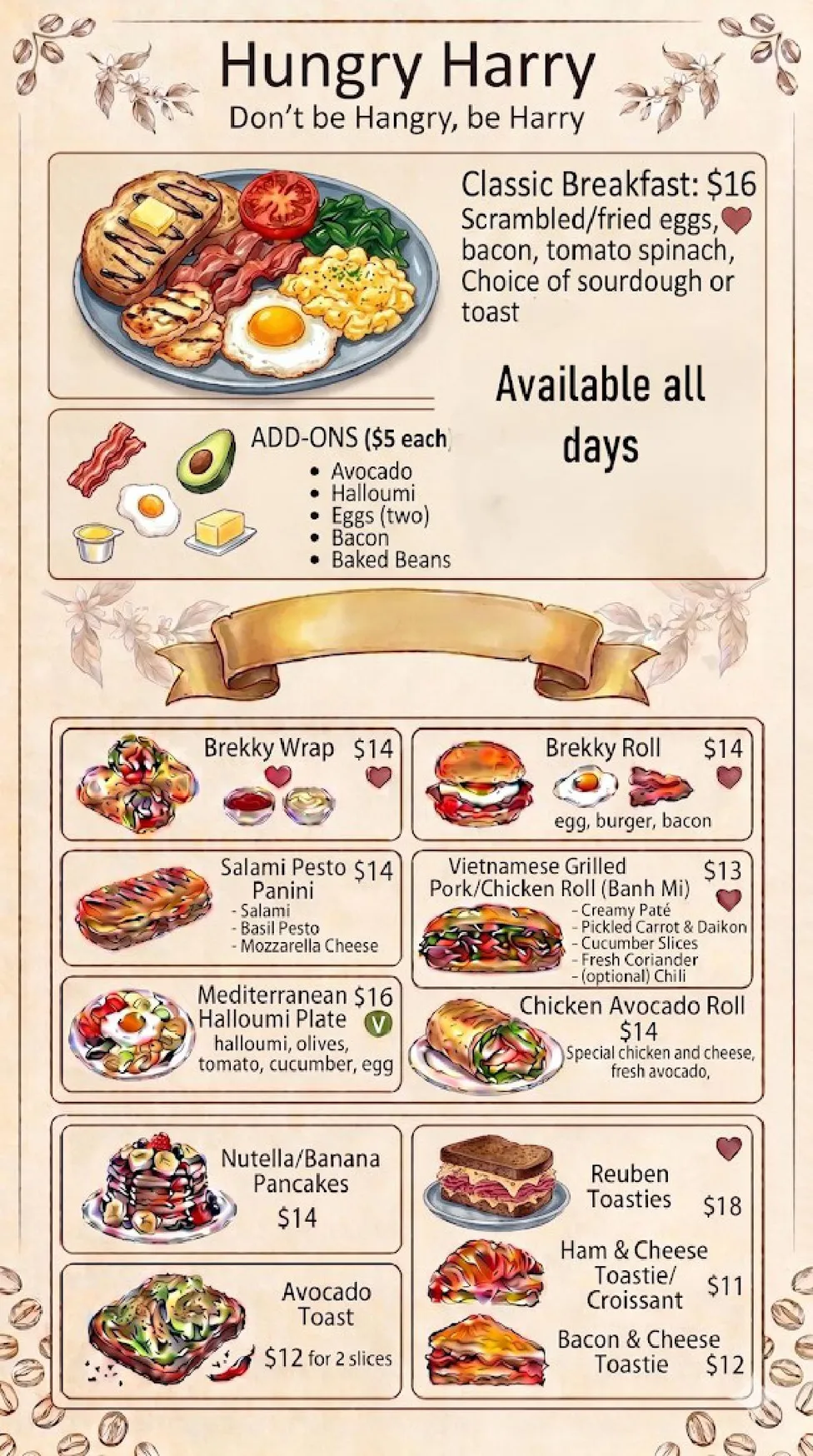 Hungry Harry menu, page 1