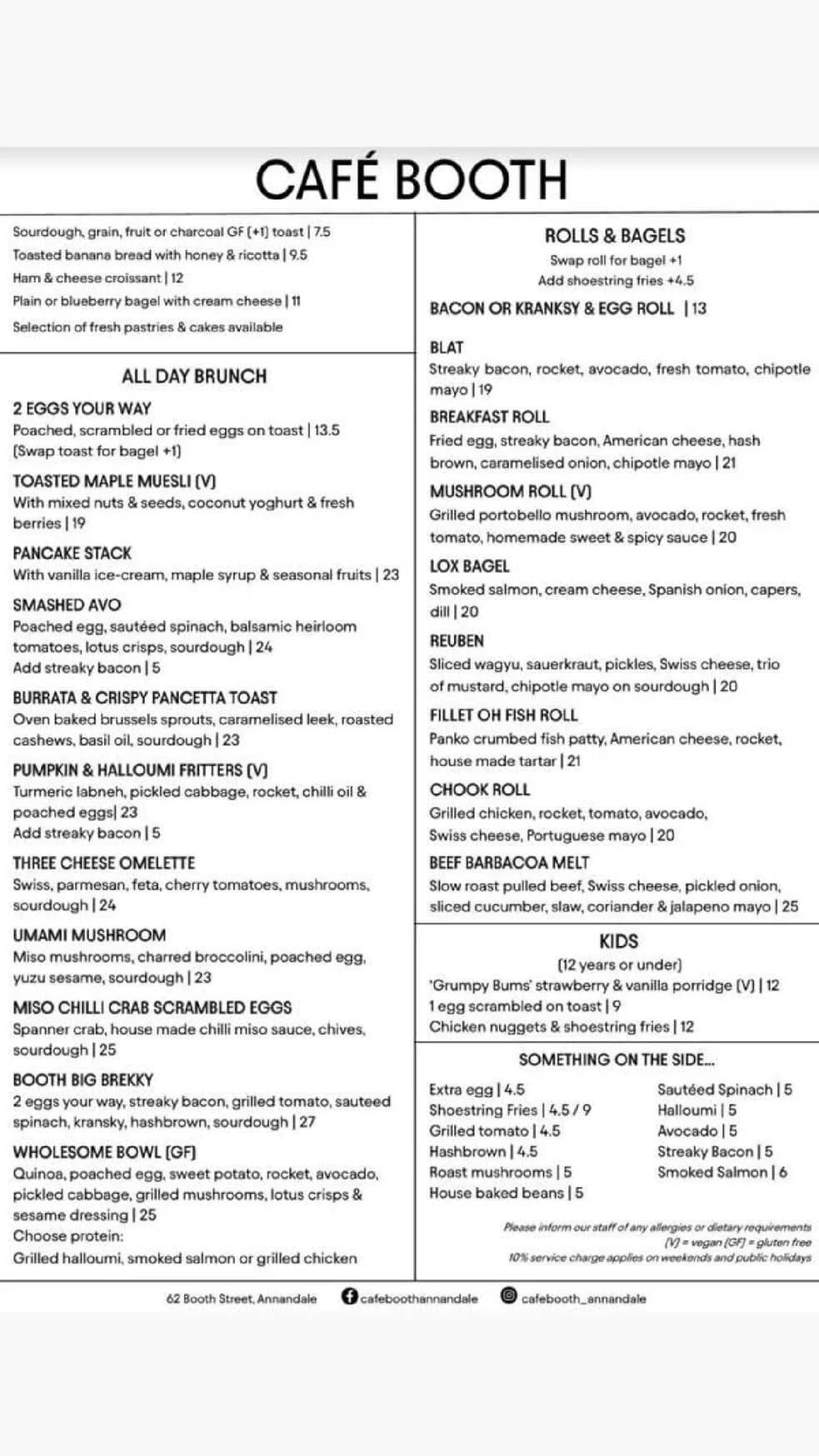 Cafe Booth menu, page 1