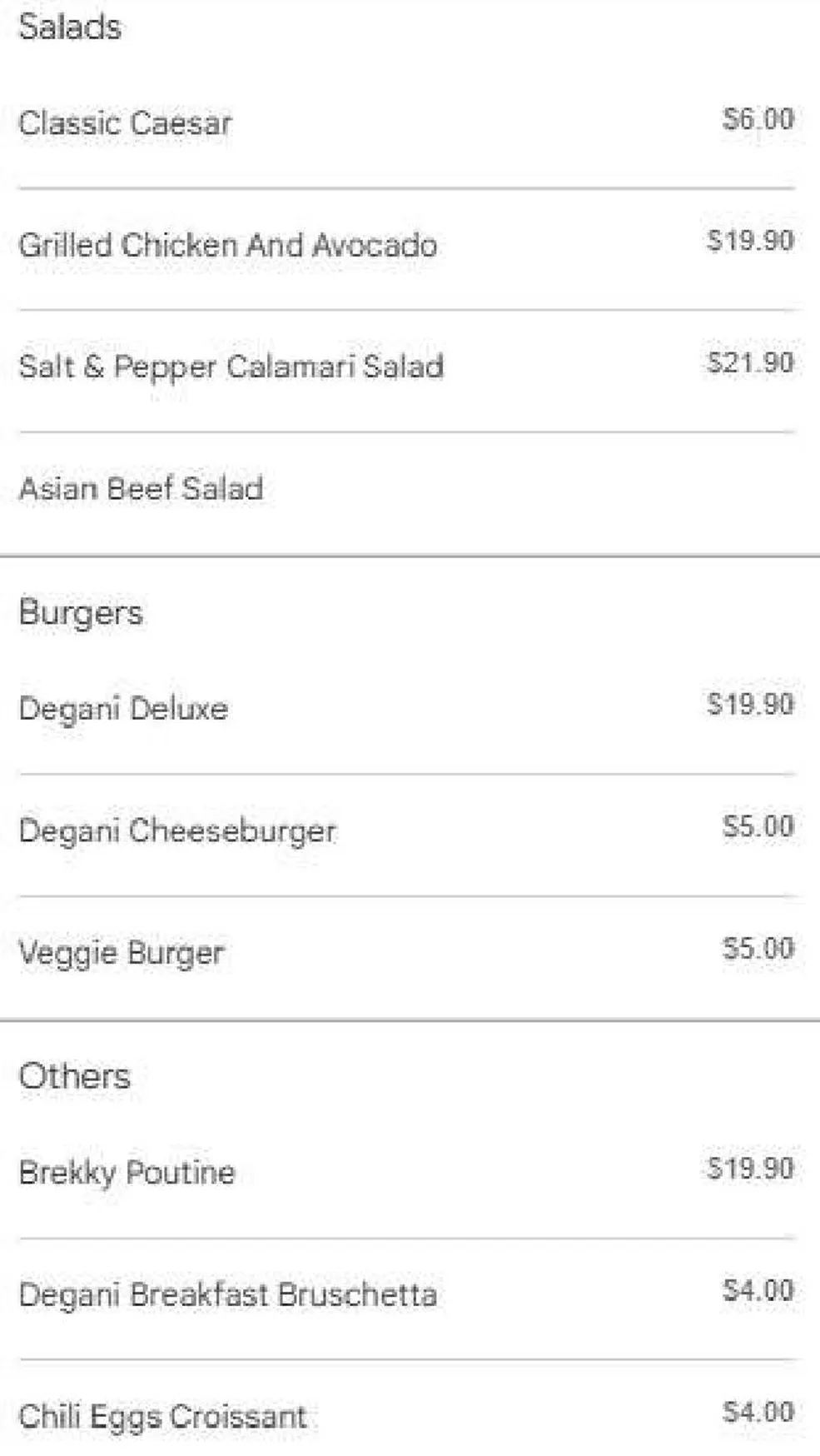 Degani Southland menu, page 2