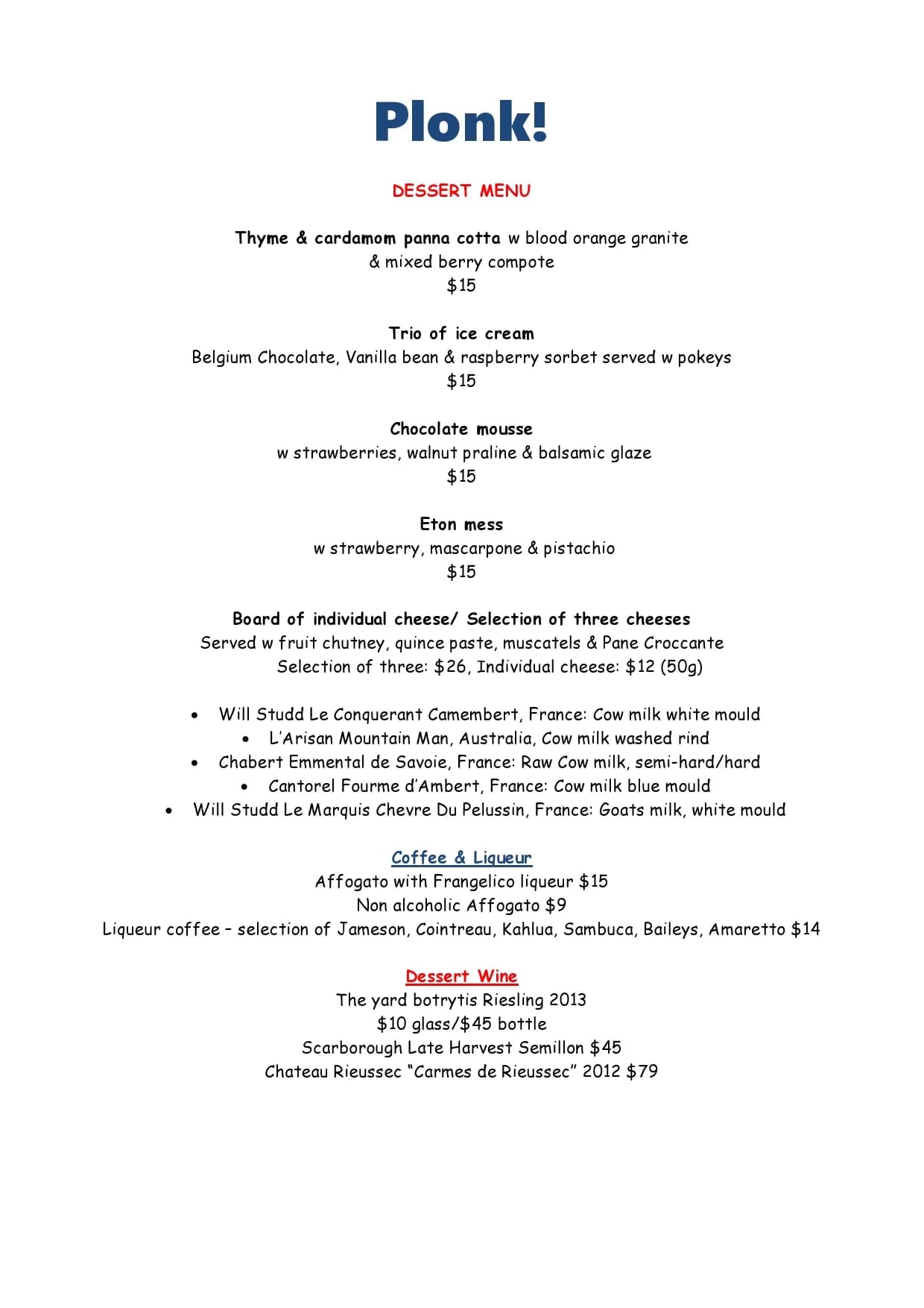 Plonk Beach Cafe menu, page 2