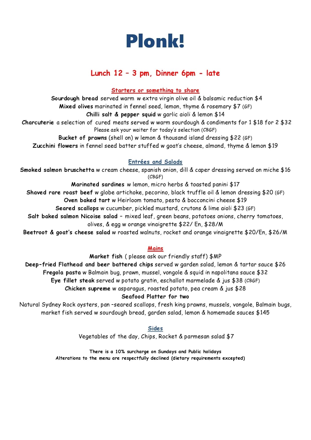 Plonk Beach Cafe menu, page 3