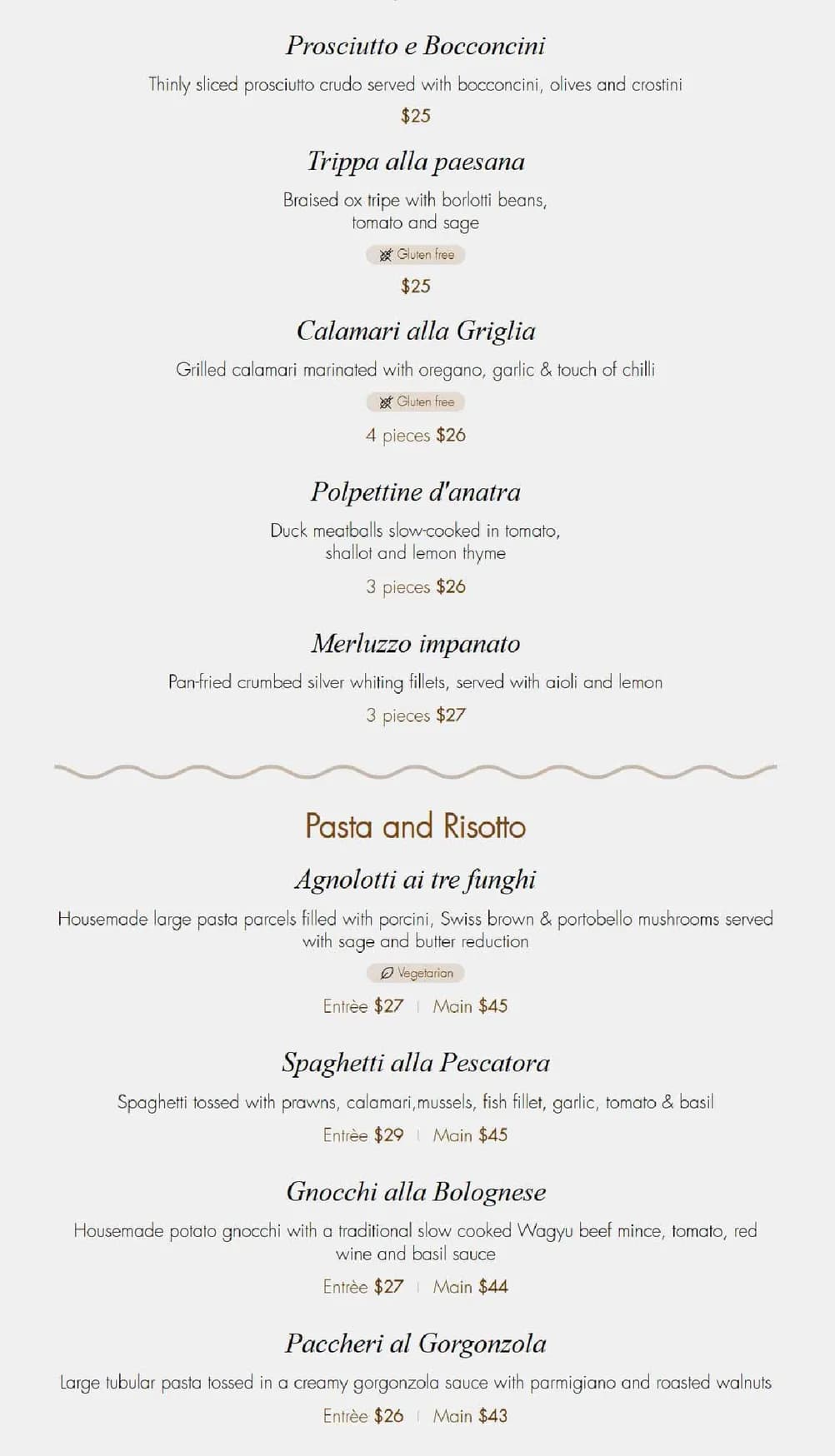 Geppetto Trattoria menu, page 2