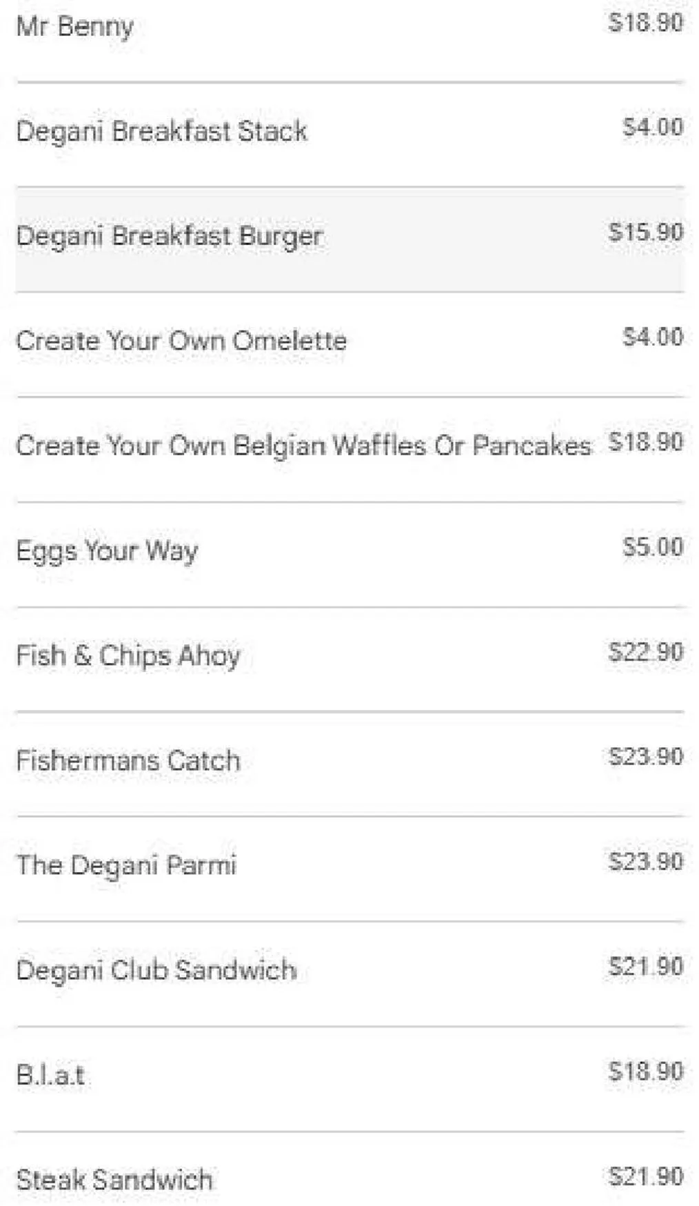 Degani Southland menu, page 3