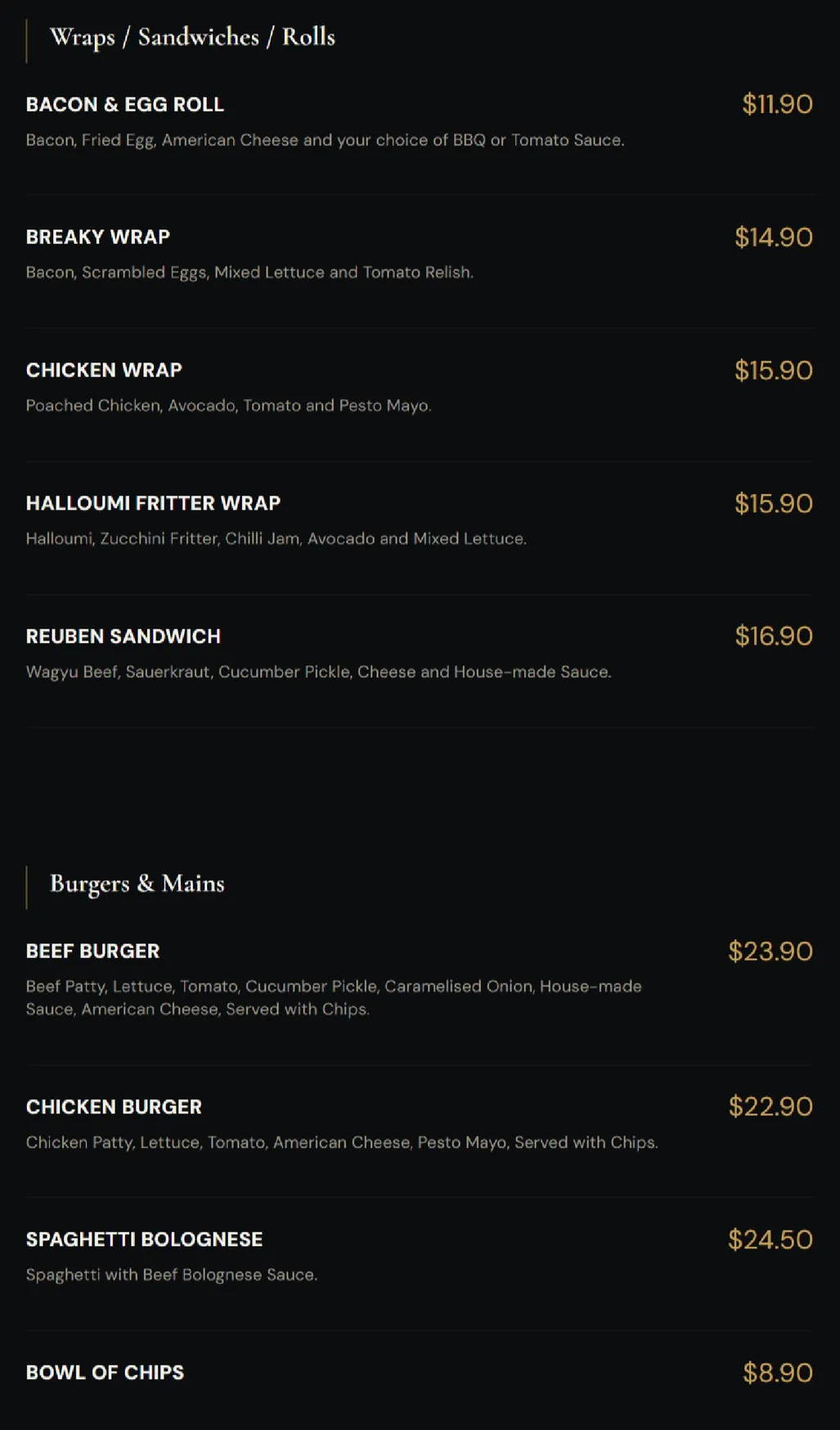 The Woodfired Table menu, page 2