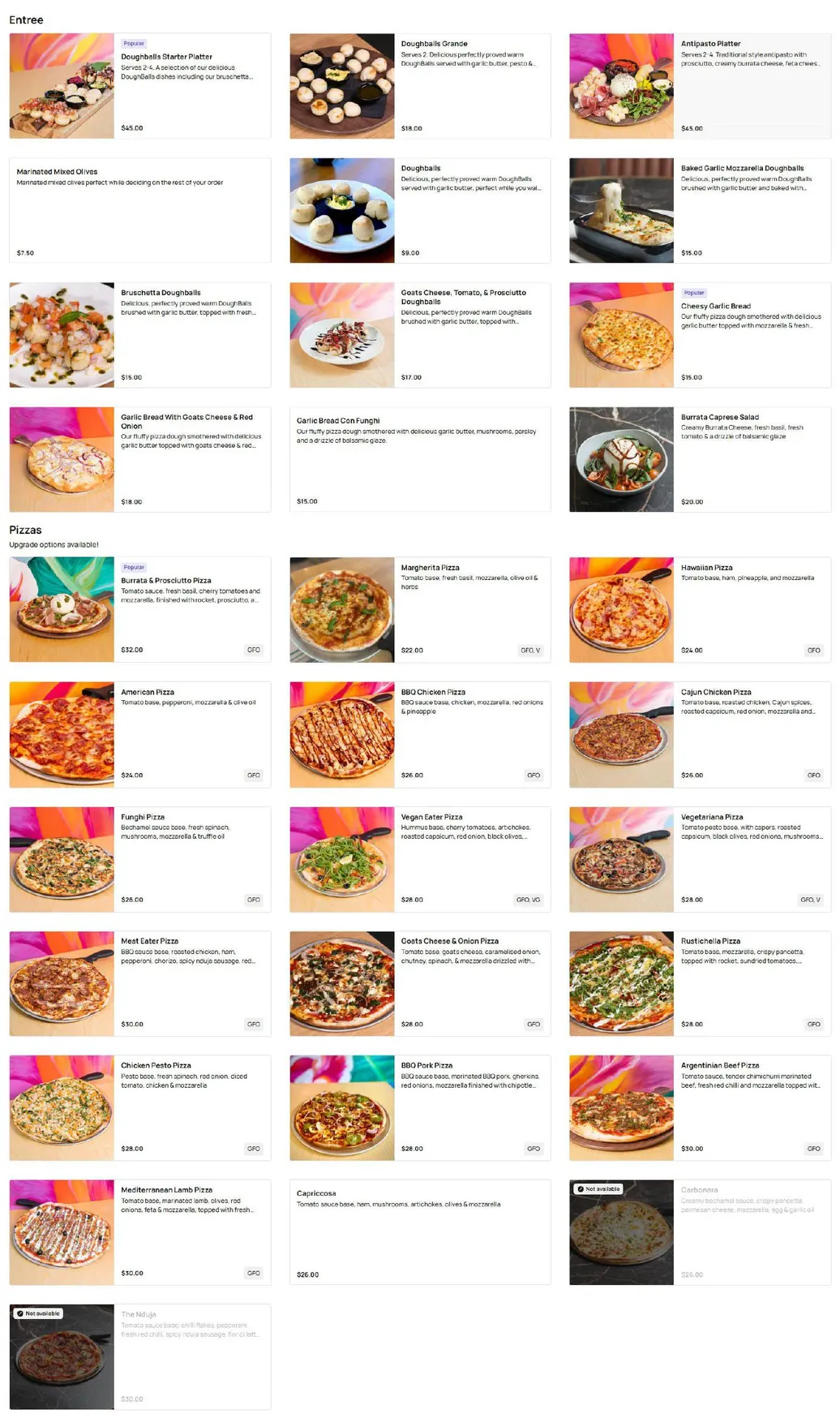 DoughBalls Pizza menu, page 1