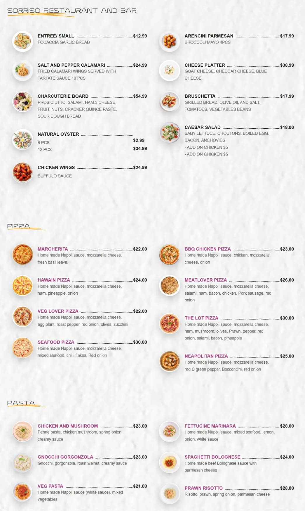Sorriso Food and Wine menu, page 1