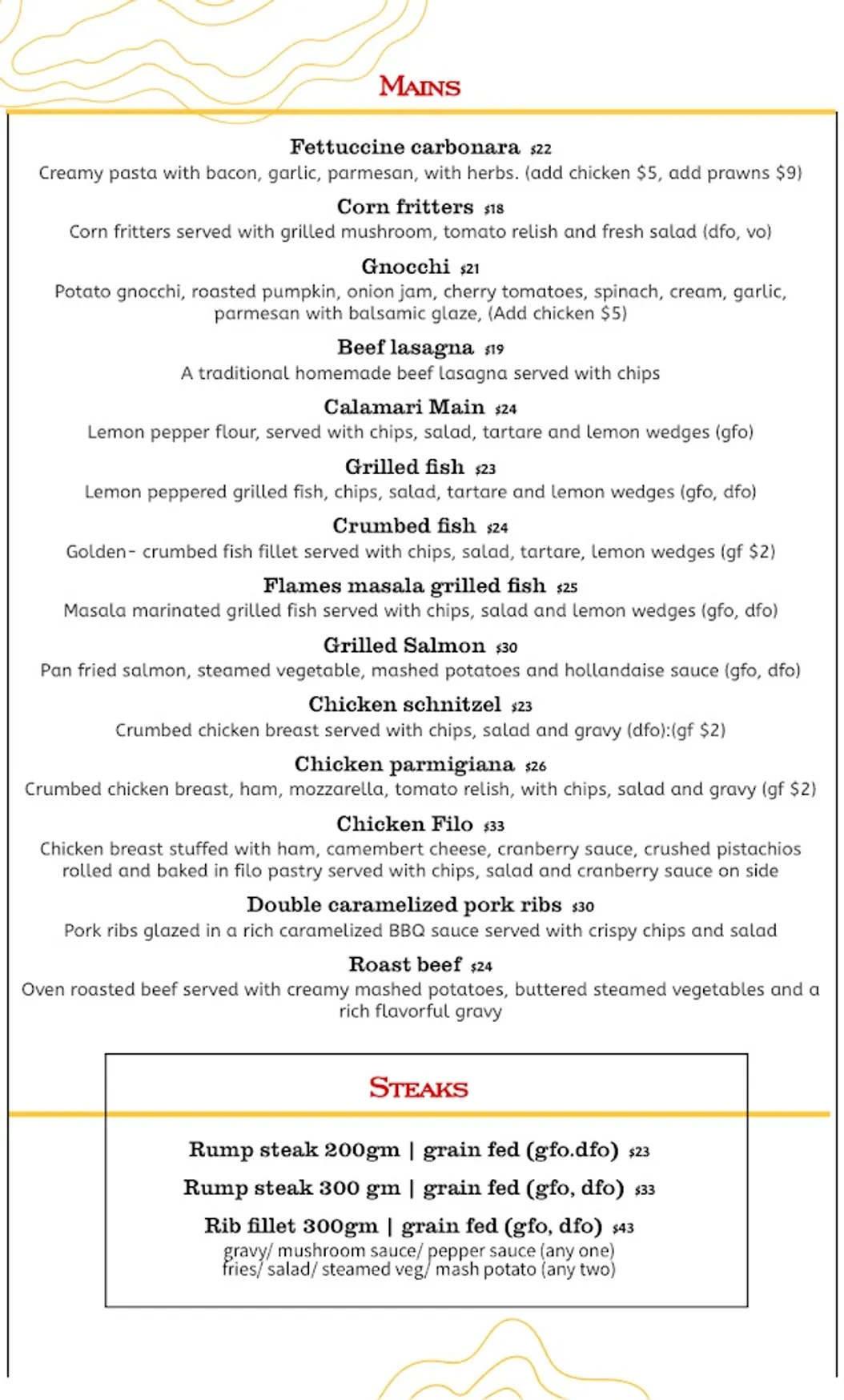 Flames Cafe & Restaurant menu, page 1